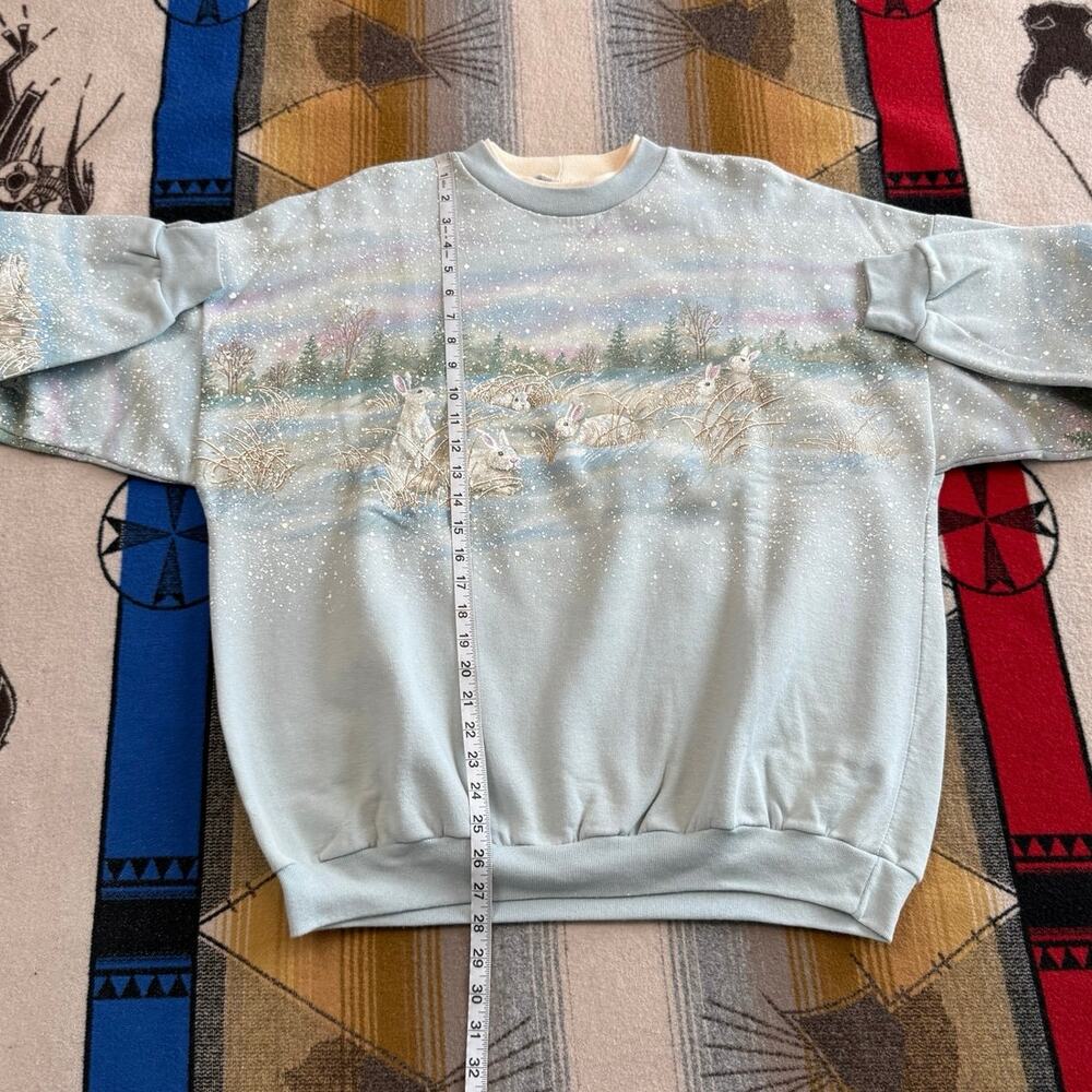 Vintage 90s Women’s Bunny Rabbit AOP Nature Outdoor Sweatshirt Size XL Animals - Picture 9 of 10